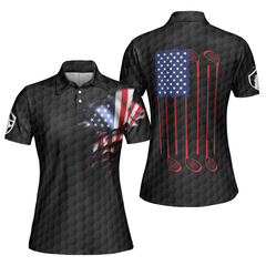 American Women Golfer Black Version Golf Short Sleeve Women Polo Shirt, American Flag Ladies Golf Shirt - Hyperfavor