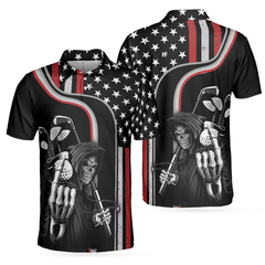 Reaper American Flag Short Sleeve Golf Polo Shirt, Black Theme Reaper Golfer Golf Shirt For Men - Hyperfavor