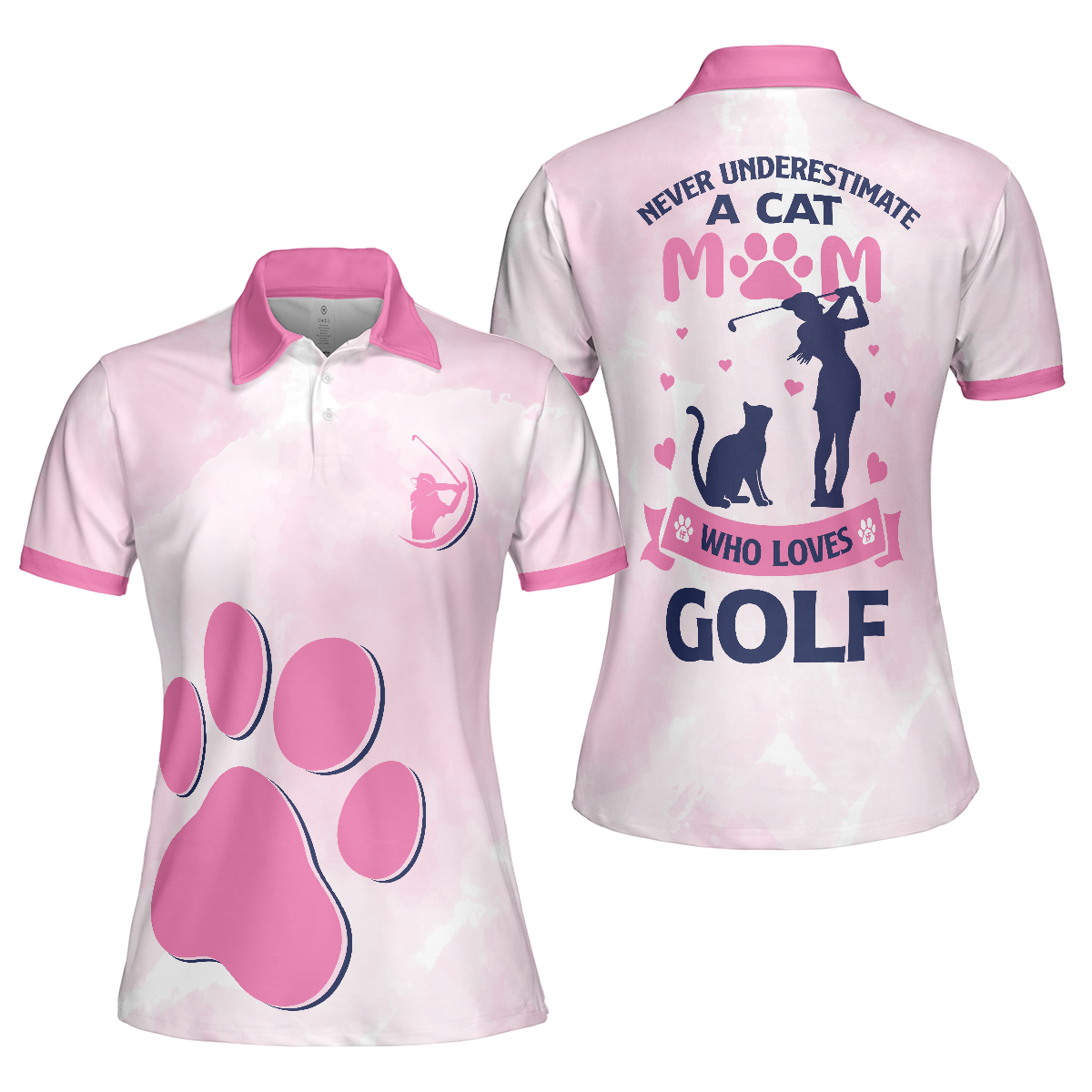 Never Underestimate A Cat Mom Golf Girl V2 Short Sleeve Women Polo Shirt, Pink Paw Pattern Golf Shirt, Golf Gift For Cat Lovers - Hyperfavor