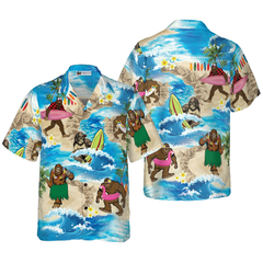 Bigfoots Are On Summer Vacation Bigfoot Hawaiian Shirt, Tropical Aloha Wave Surfing Bigfoot Shirt For Men - Hyperfavor