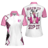 Grip It Rip It Sip It Short Sleeve Women Polo Shirt, Pink Leopard Pattern Golf Shirt For Ladies - Hyperfavor