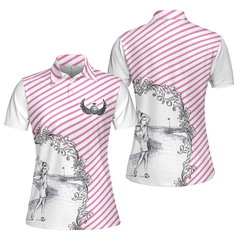 Pink Striped And Sketching Golf Girl Golf Short Sleeve Women Polo Shirt, Best Golfing Shirt For Ladies - Hyperfavor