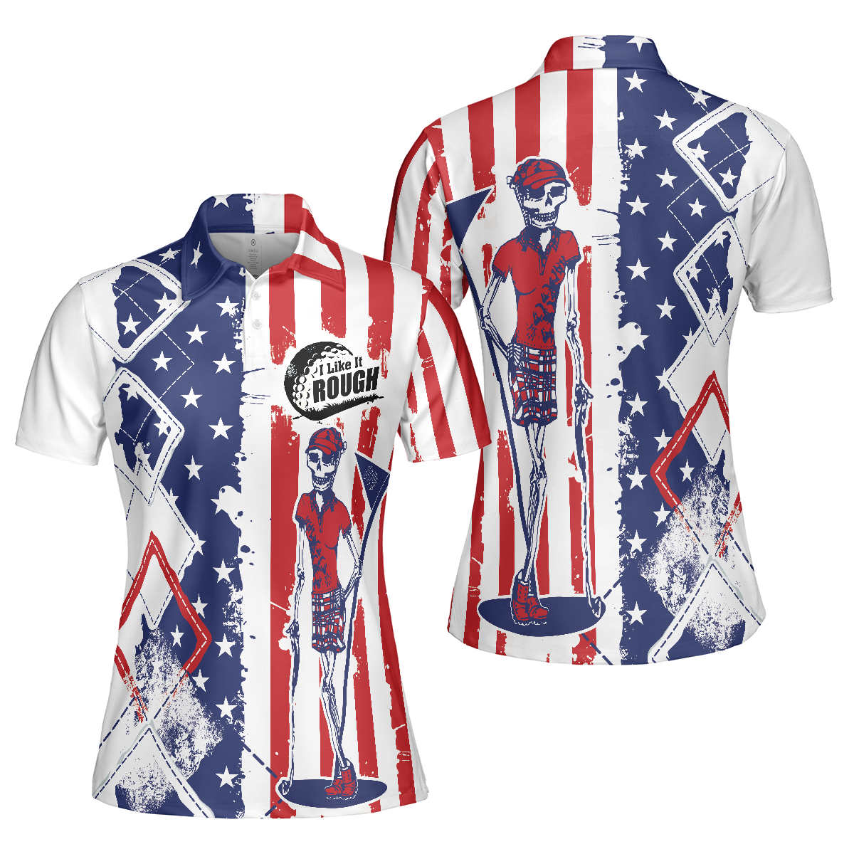 I Like It Rough Golf Short Sleeve Women Polo Shirt, Cool American Flag Argyle Pattern Golf Shirt For Ladies - Hyperfavor