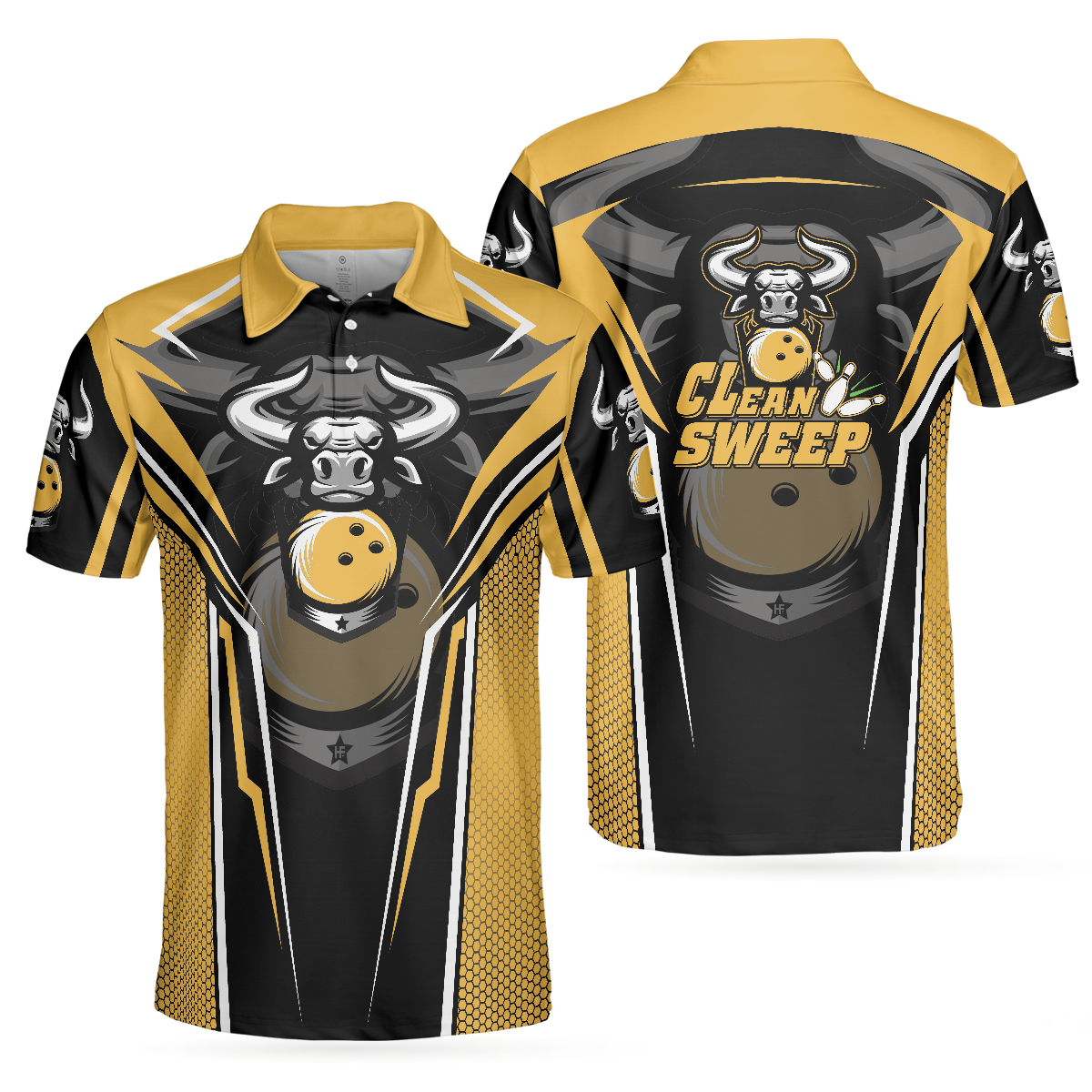 Clean Sweep Yellow Bull Bowling Short Sleeve Polo Shirt, Digital Bowling Alley Polo Shirt, Best Bowling Shirt For Men - Hyperfavor