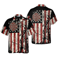 Black American Flag Fire Dept Firefighter Hawaiian Shirt, Fire Department Badge Firefighter Shirt For Men - Hyperfavor