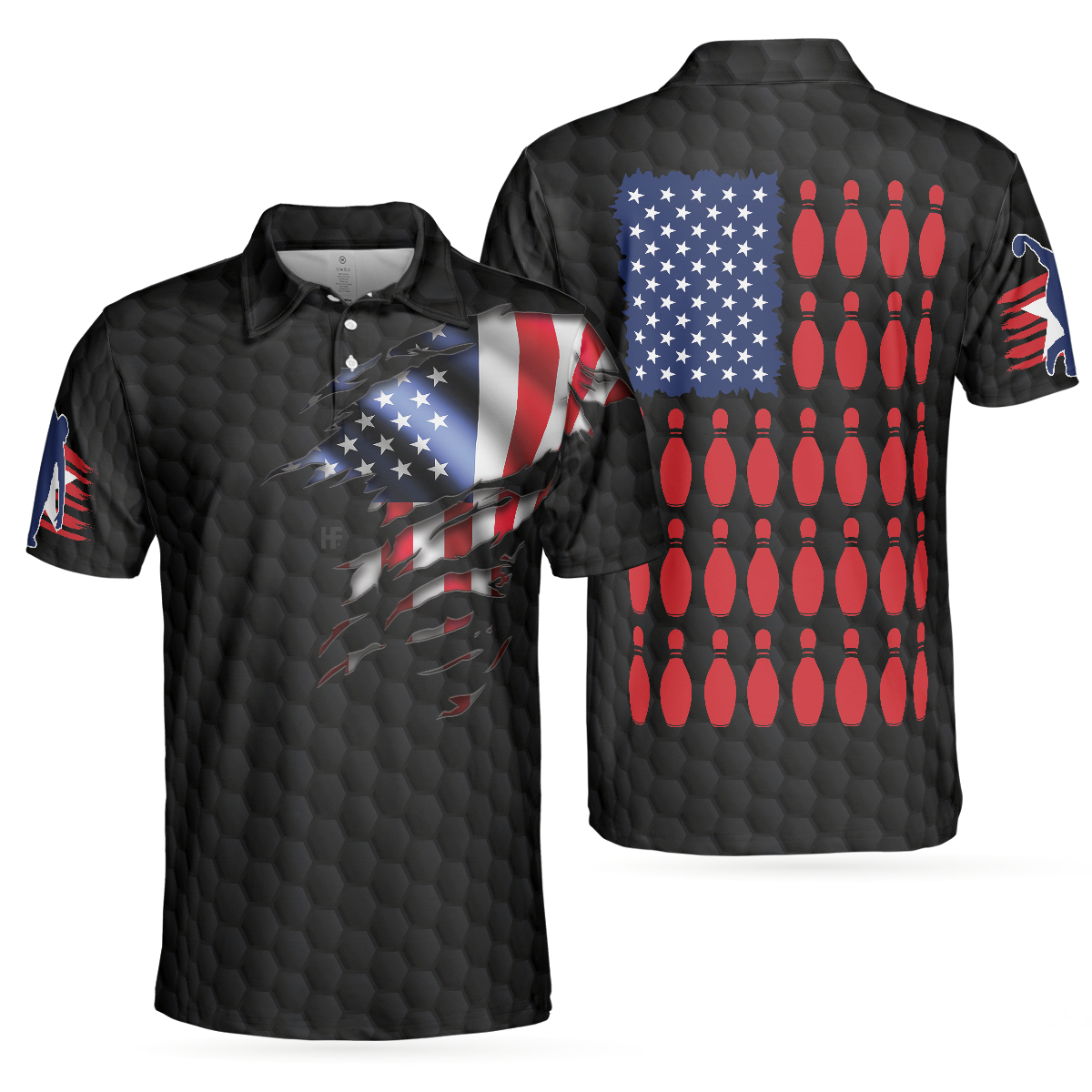 Black American Flag Bowling Polo Shirt, Cool USA Flag Bowling Shirt For Men - Hyperfavor