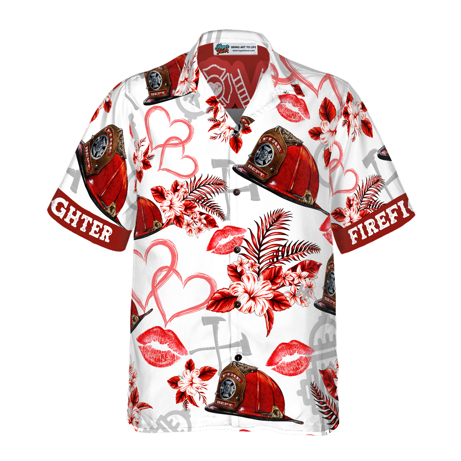 Love Firefighter Helmet Valentine Hawaiian Shirt, Pink Heart Red Floral Firefighter Hawaiian Shirt For Men - Hyperfavor