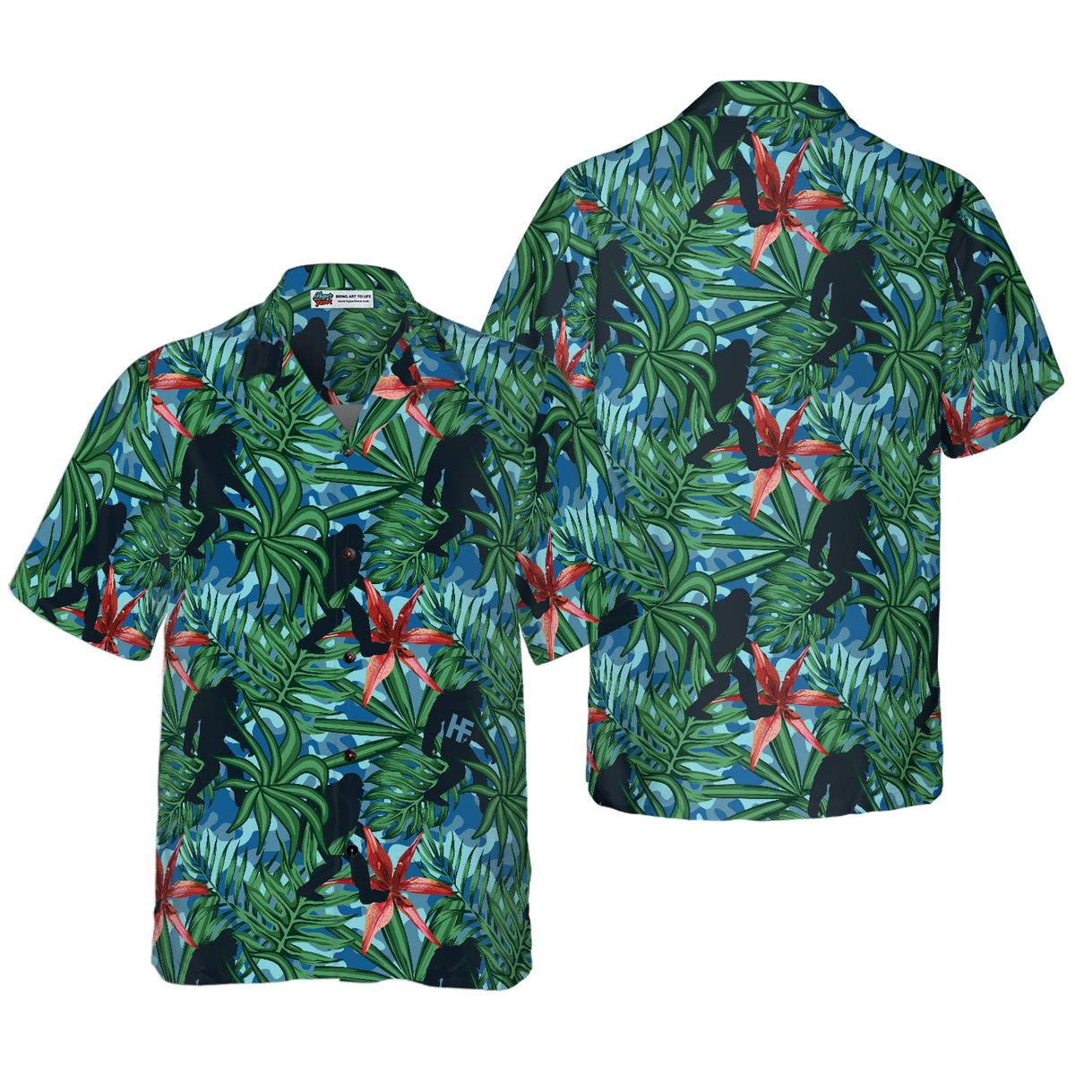 Bigfoot Silhouette Walking Bigfoot Hawaiian Shirt, Tropical Forest Floral Bigfoot Shirt For Men - Hyperfavor