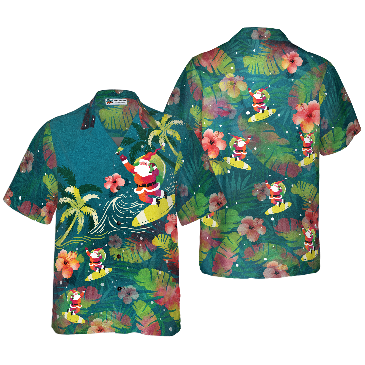 Hyperfavor Christmas Hawaiian Shirts For Men and Women, Santa Surfing Tropical Hawaiian Shirt Button Down Shirt Short Sleeve - Hyperfavor