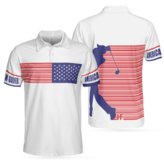 American Golfer Golfing Polo Shirt, Strips Barcode American Flag Polo Shirt, Patriotic Golf Shirt For Men - Hyperfavor