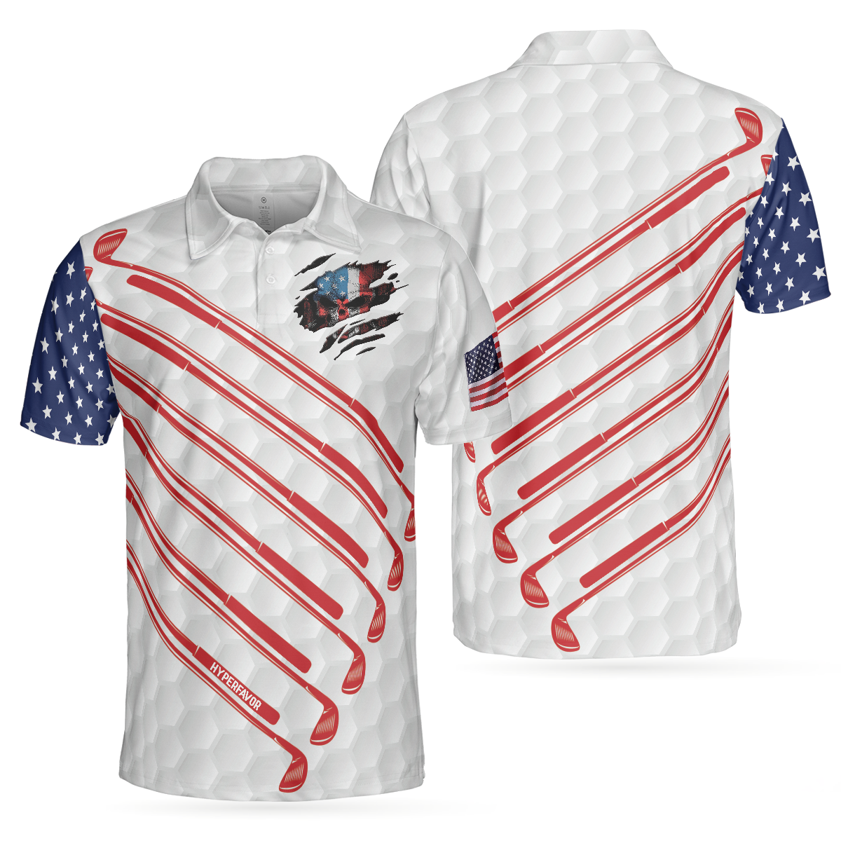 Golf American Flag Golf Club Skull Golf Polo Shirt, Ripped American Flag Polo Shirt, Patriotic Golf Shirt For Men - Hyperfavor