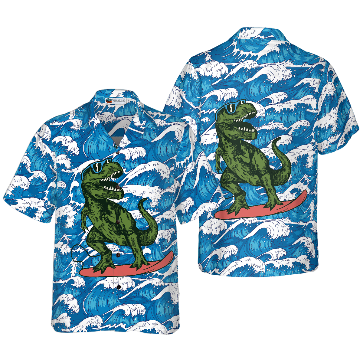 Surfing T-Rex Dinosaur Hawaiian Shirt - Hyperfavor