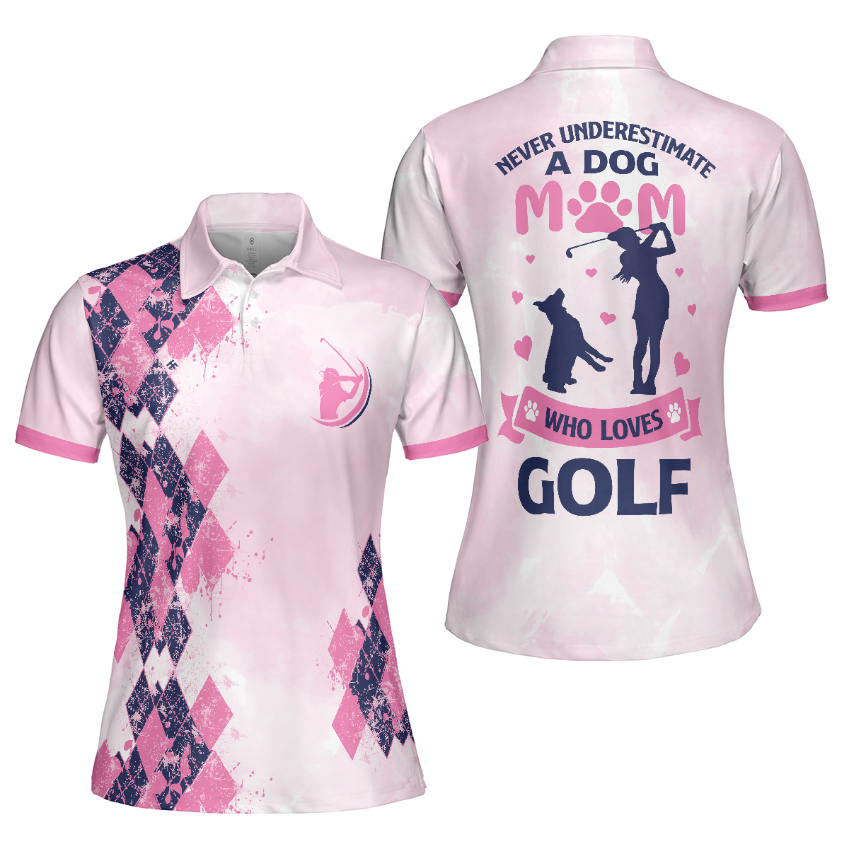 Never Underestimate A Dog Mom Golf Girl Short Sleeve Women Polo Shirt, Pink Argyle Pattern Golf Shirt, Golf Gift For Dog Lovers - Hyperfavor