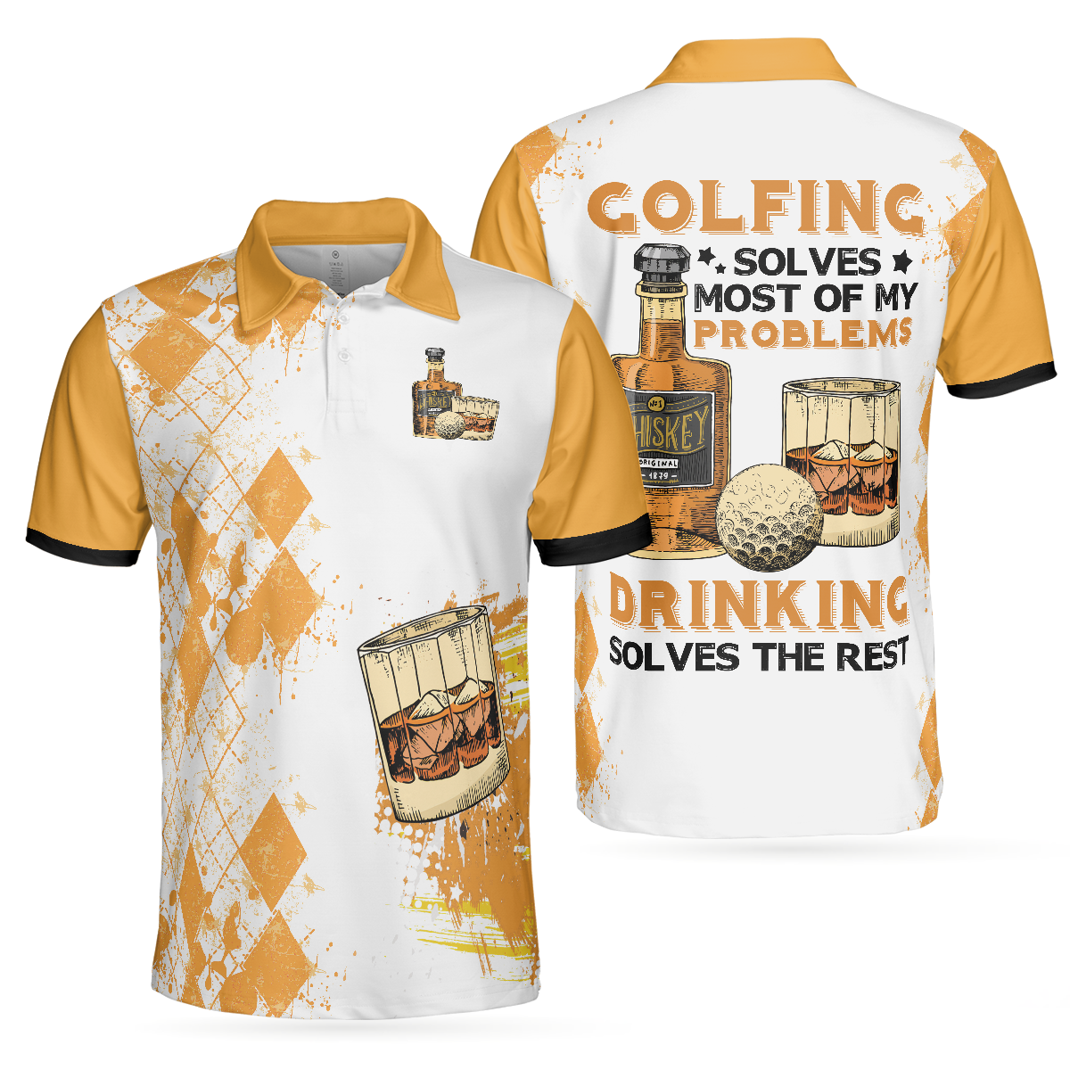 Golfing And Drinking Solve My Problems Polo Shirt, Argyle Pattern Whisky Polo Shirt, Wine Golf Shirt For Men - Hyperfavor