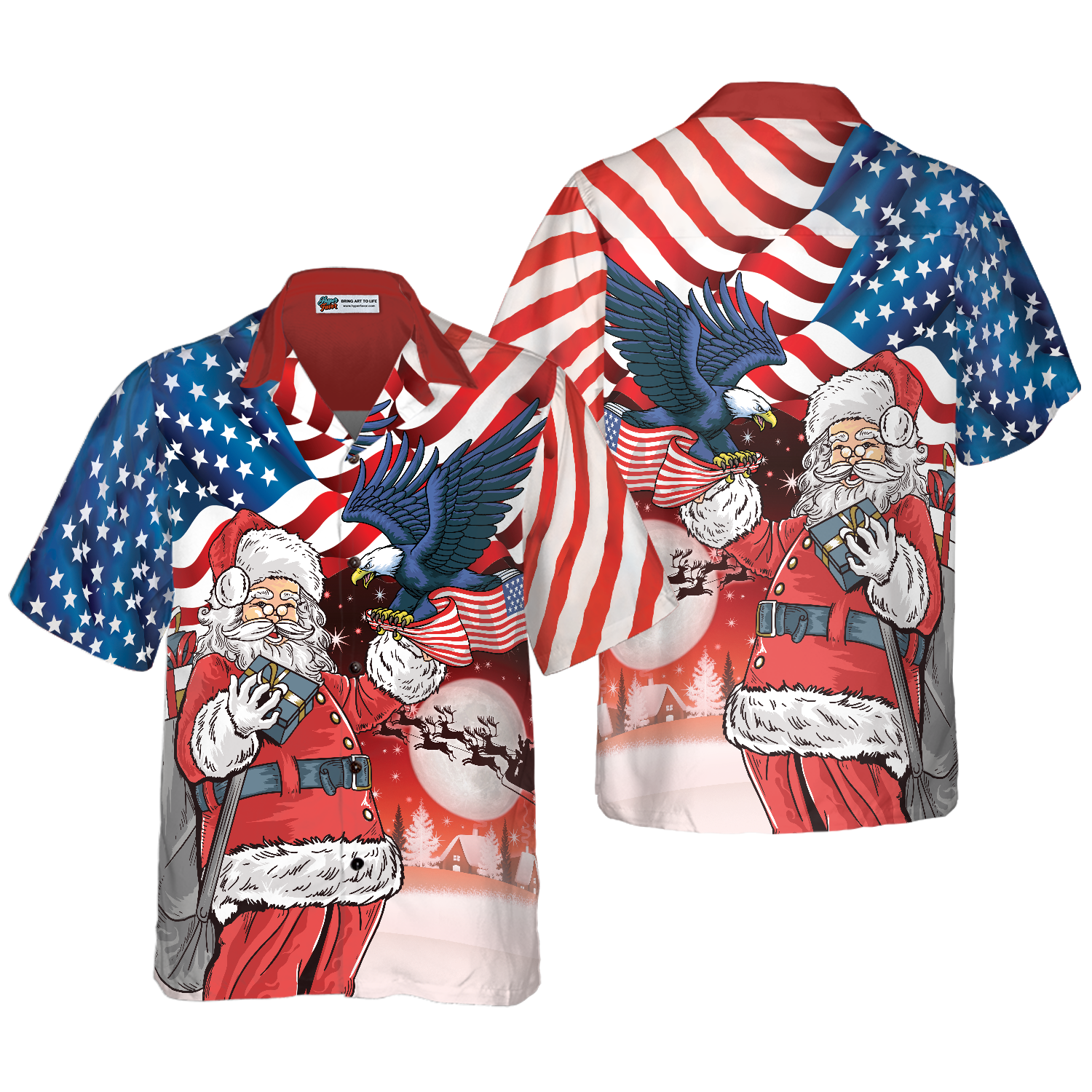 Hyperfavor Christmas Hawaiian Shirts, Eagle Perched On Santa's Hand With American Flag Background Shirt Short Sleeve, Christmas Shirt Idea Gift For Men And Women - Hyperfavor