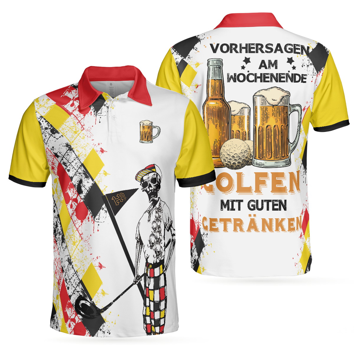 Vorhersagen Am Wochenende Golf Und Bier Polo Shirt, German Argyle Pattern Skeleton Golfer Golf Shirt For Men - Hyperfavor