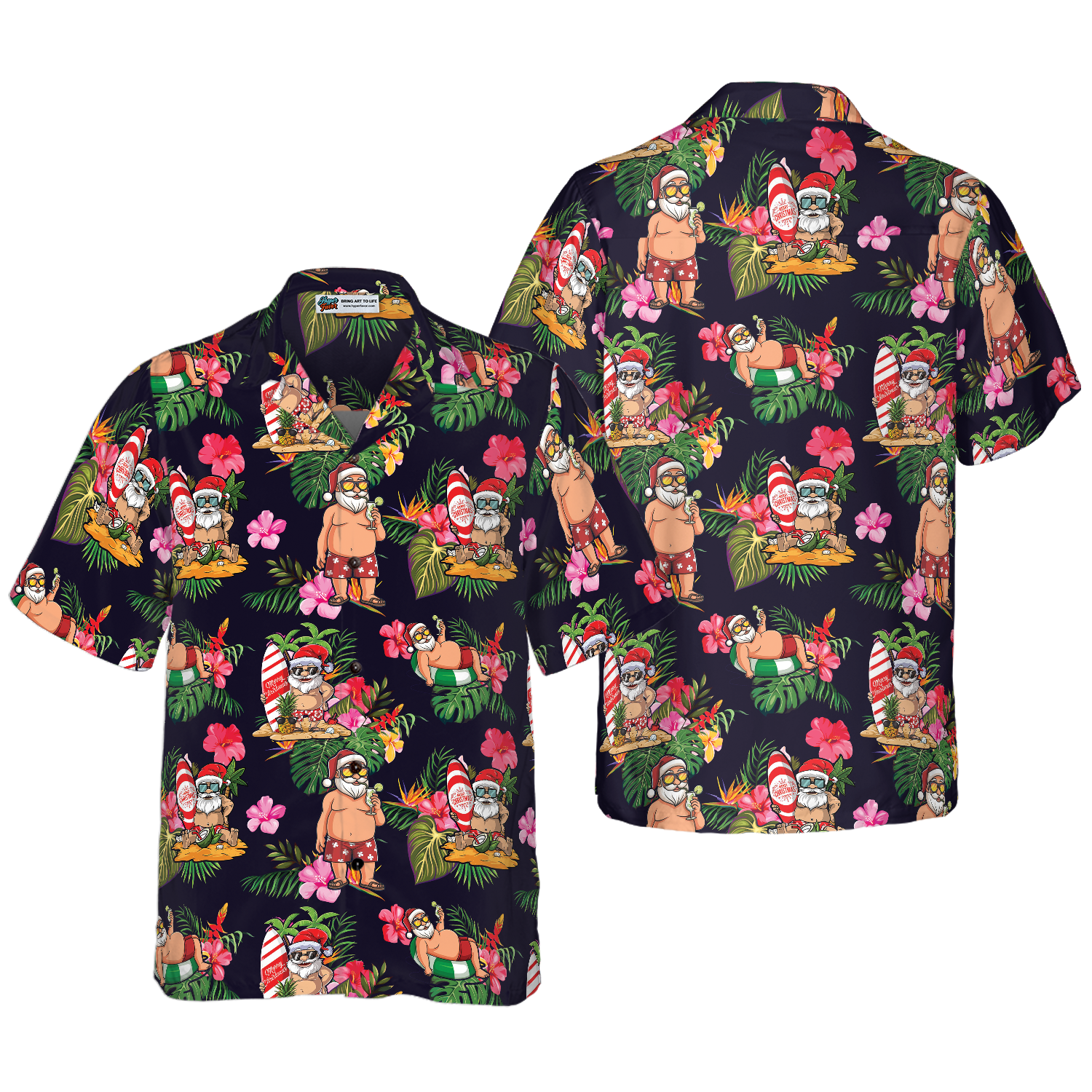 Hyperfavor Christmas Hawaiian Shirt, Santa With Tropical Flower Pattern Shirt Short Sleeve, Christmas Shirt Idea Gift For Men And Women - Hyperfavor