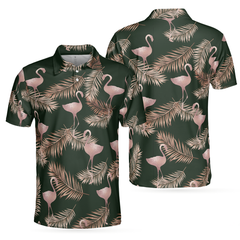 Flamingo Rose Gold Pattern Polo Shirt, Flamingo Themed Polo Shirt For Adults, Rose Gold Short Sleeve Shirt - Hyperfavor