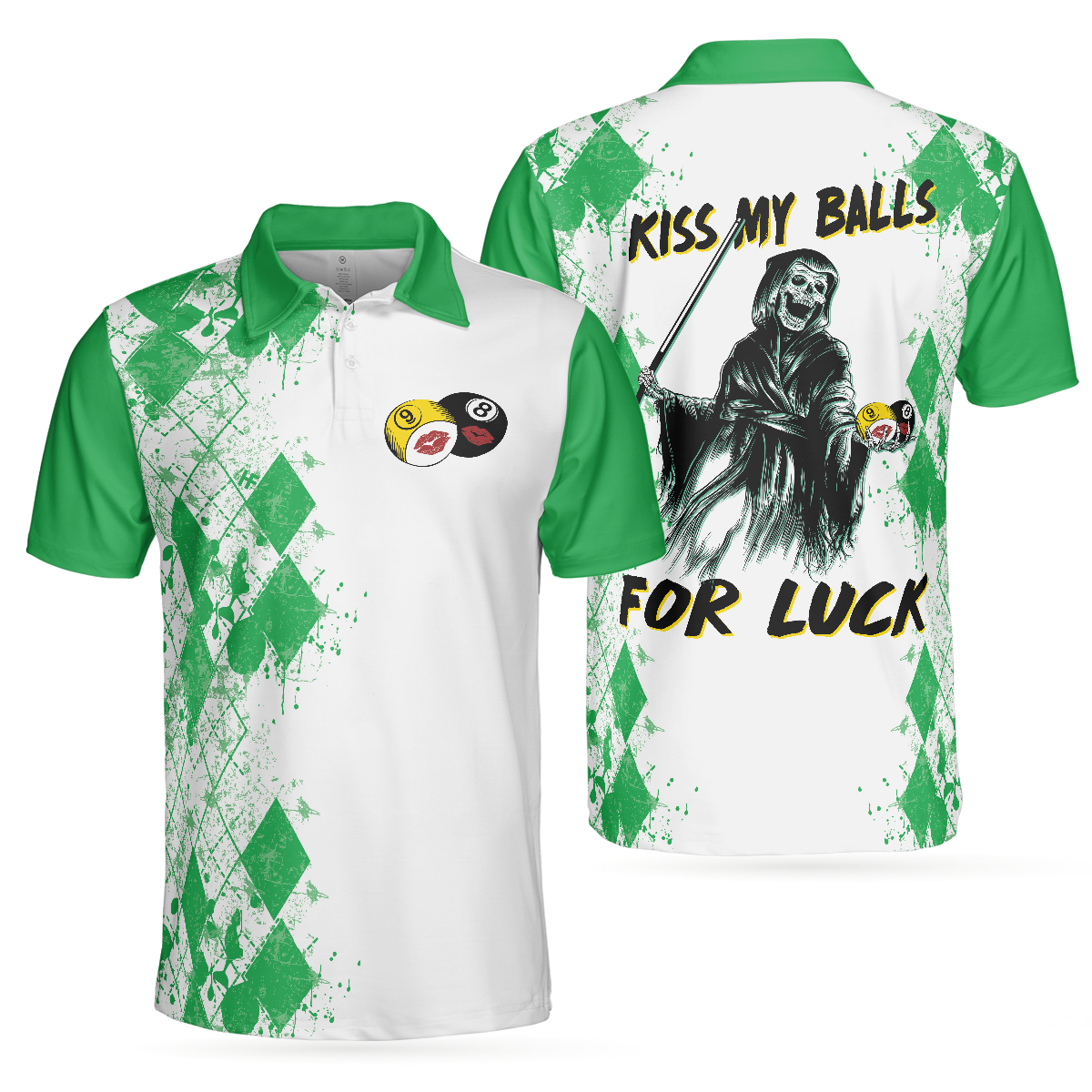 Kiss My Balls Polo Shirt, Green Argyle Pattern Billiards Shirt, Polo Style Billiards Shirt, Gift For Billiard Lovers - Hyperfavor