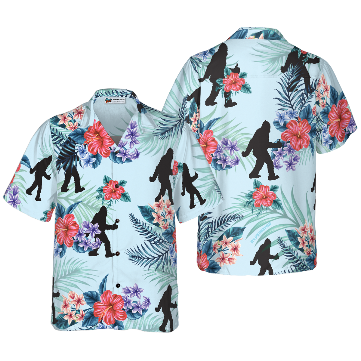 Bigfoot Bluebonnet Bigfoot Hawaiian Shirt, Arctic Blue Texas Floral And Leaves Bigfoot Shirt For Men - Hyperfavor