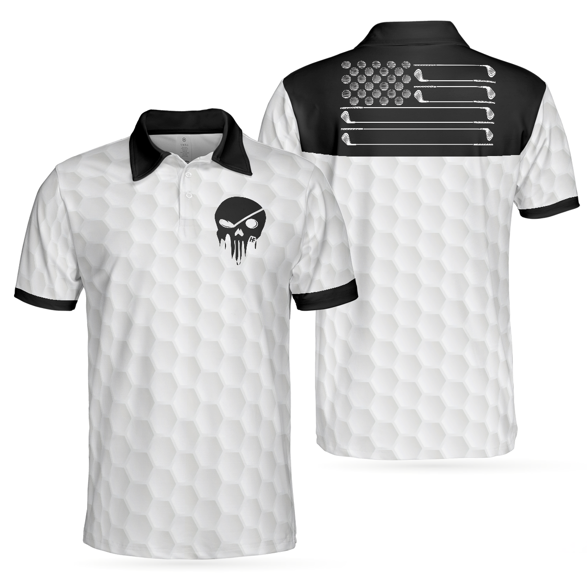 Golf Ball Pattern Skull Polo Shirt, Black And White American Flag Polo Shirt, Best Golf Shirt For Men - Hyperfavor