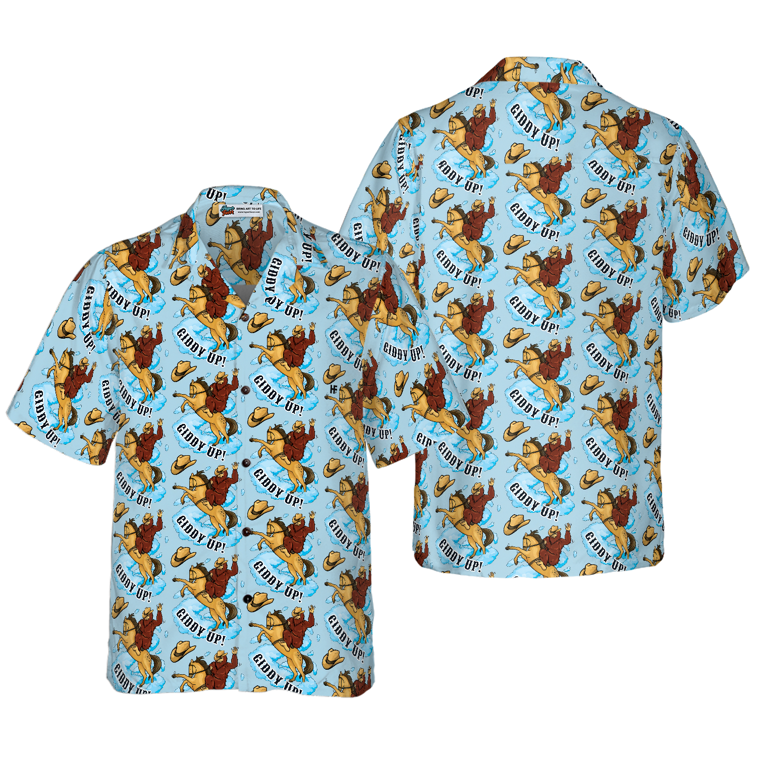 Bigfoot Cowboy Giddy Up Bigfoot Hawaiian Shirt, Sky Blue Vintage Rodeo Horse Riding Bigfoot Shirt For Men - Hyperfavor