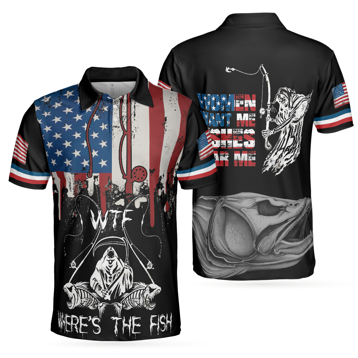 Woman Want Me Fishes Fear Me White Version Polo Shirt, Fish Skeleton Reaper American Flag Polo Shirt, Best Fishing Shirt For Men - Hyperfavor