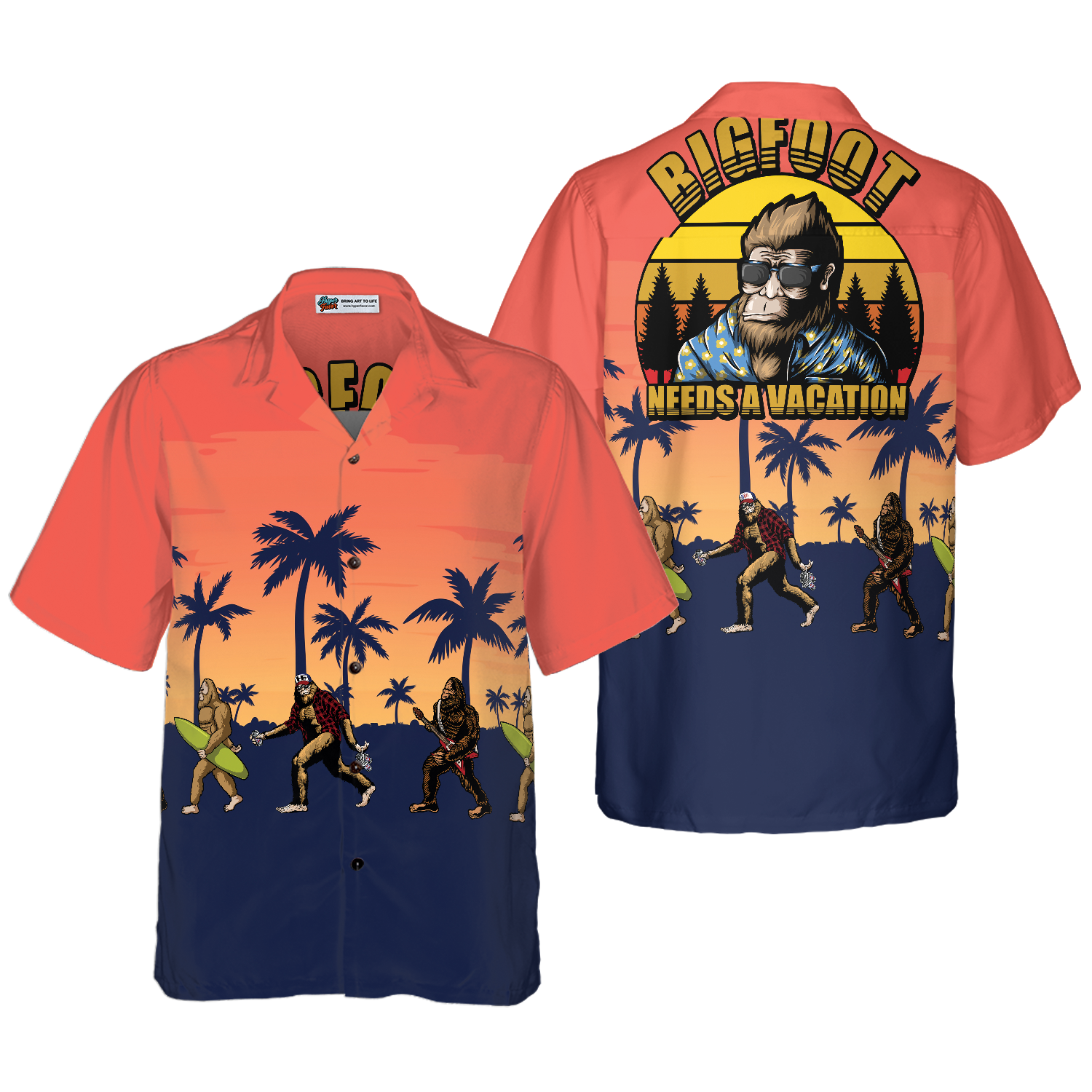 Bigfoot Needs A Vacation Bigfoot Hawaiian Shirt, Vintage Dawn Palette Tropical Bigfoot Surfer Shirt - Hyperfavor