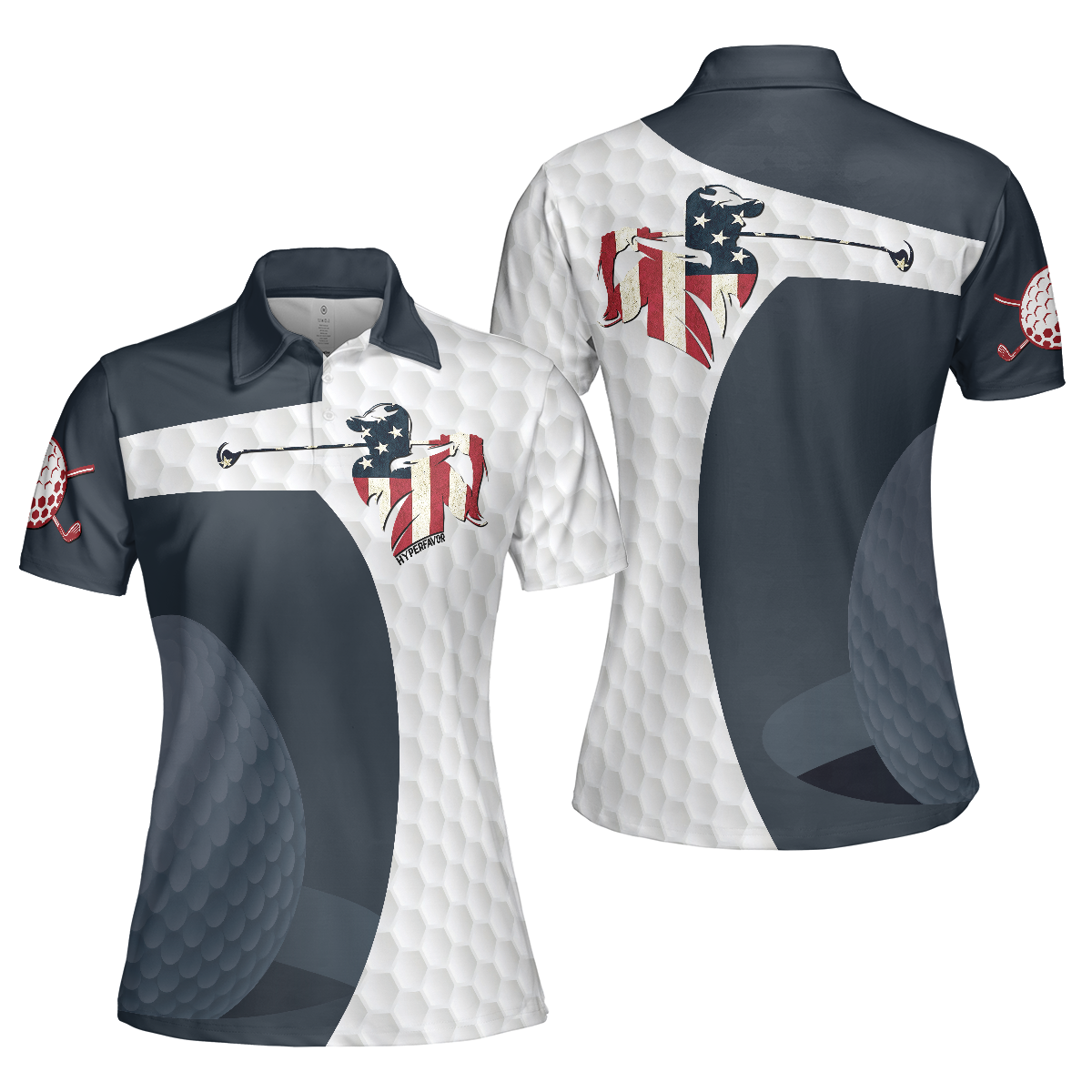 Golf Swing American Flag Golf Ball Texture Short Sleeve Women Polo Shirt - Hyperfavor