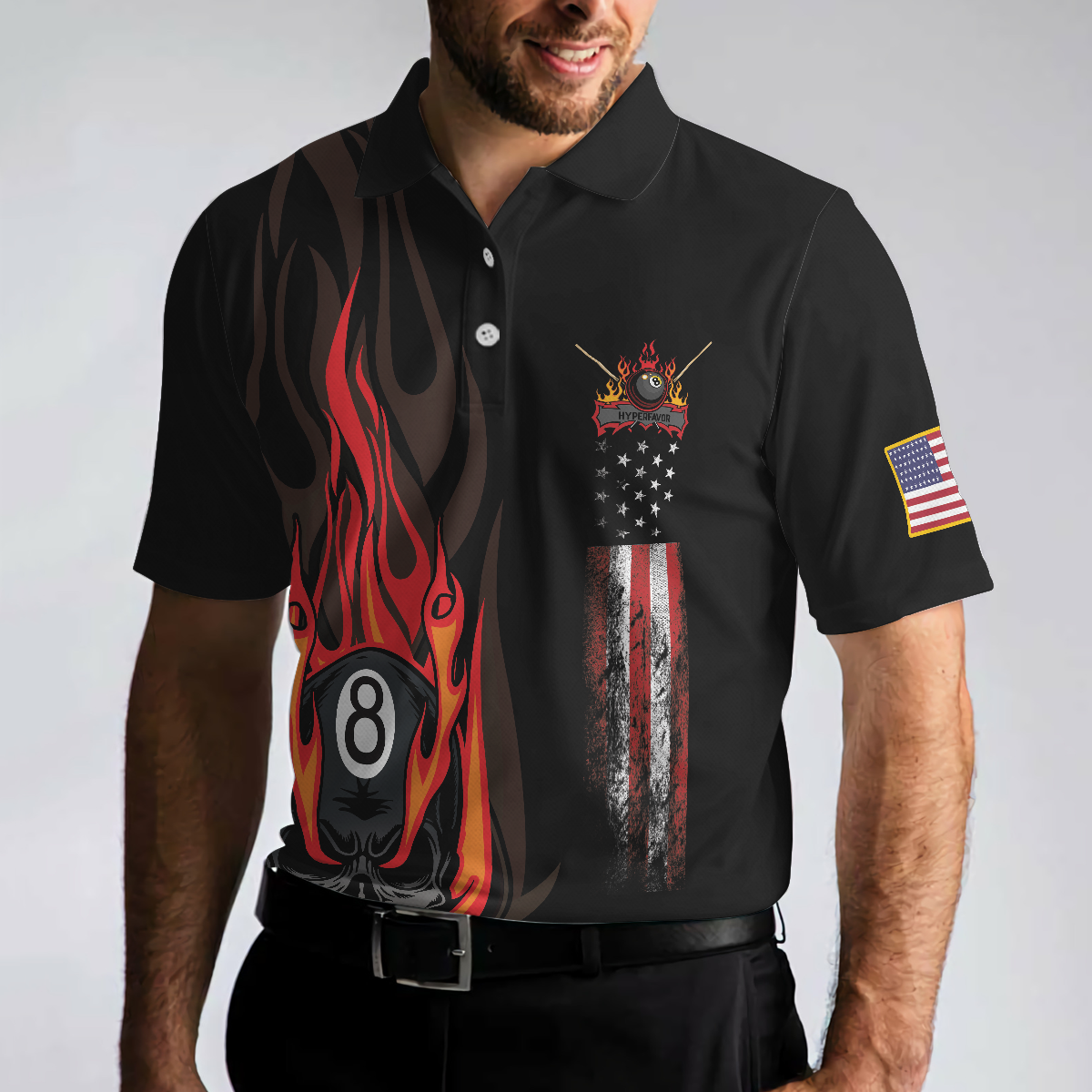 Flame Skull Billiards Pool Polo Shirt, American Flag Billiards Polo Shirt, Gift For Pool Players - Hyperfavor