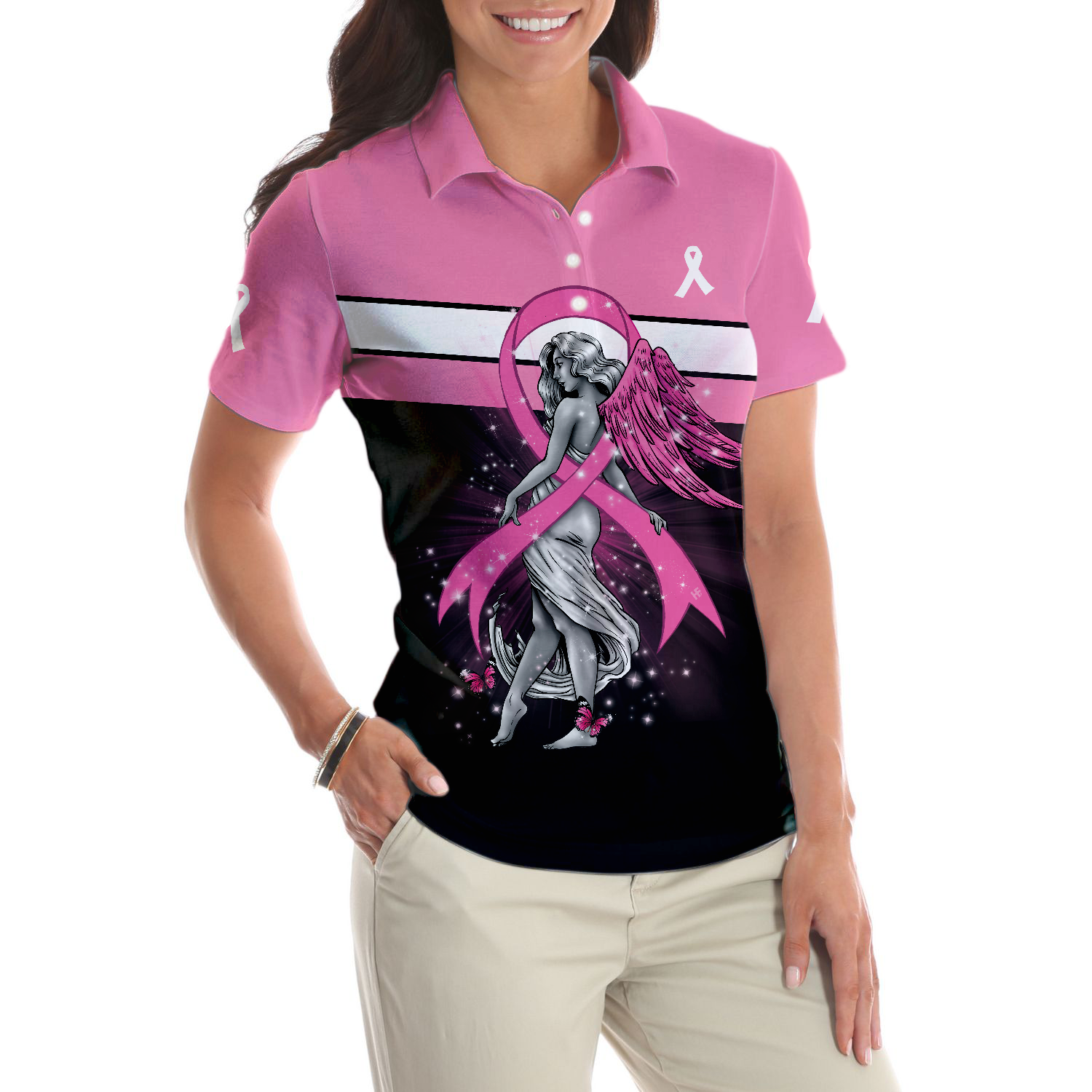 Breast Cancer Angel Breast Cancer Awareness Short Sleeve Women Polo Shirt - Hyperfavor