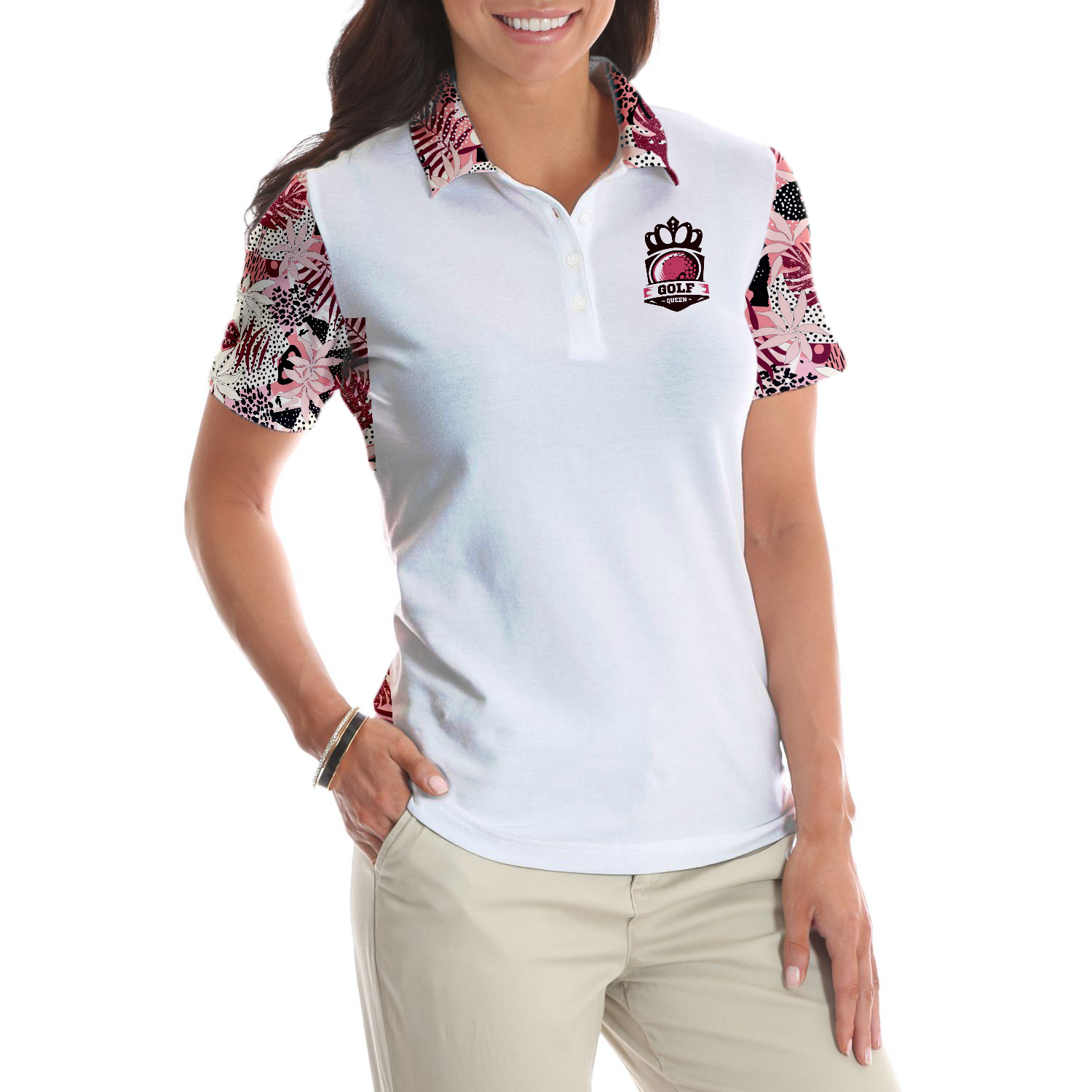 I Golf Like A Girl Try To Keep Up Flower Seamless Pattern Short Sleeve Women Polo Shirt - Hyperfavor