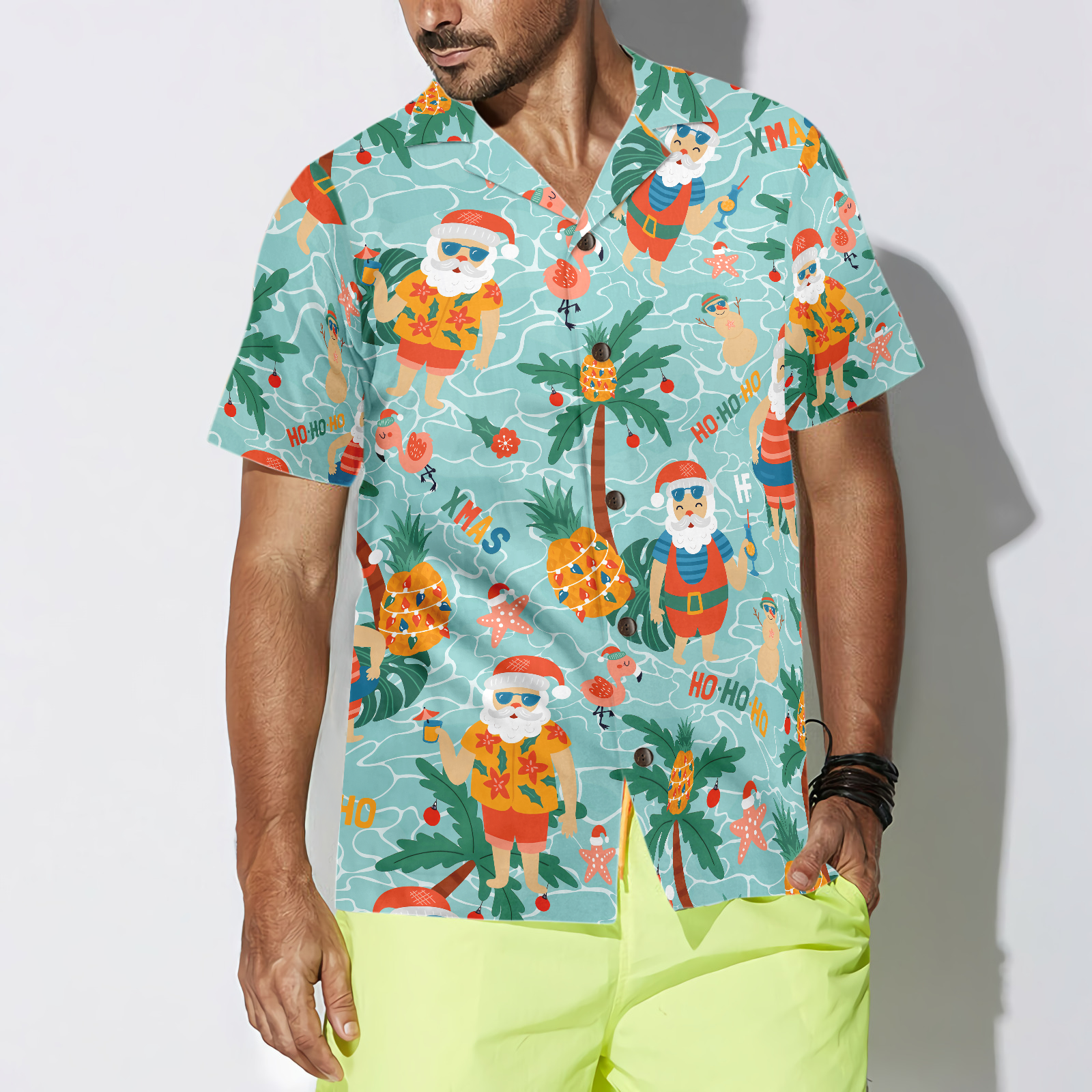 Pineapple With Santa Claus On Sea Beach Hawaiian Shirt - Hyperfavor