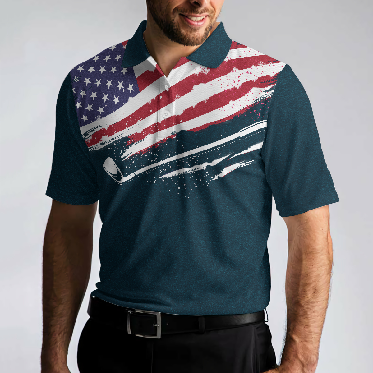 Eat Sleep Golf Repeat American Flag Short Sleeve Polo Shirt, Dark Navy Golf Shirt For Men - Hyperfavor