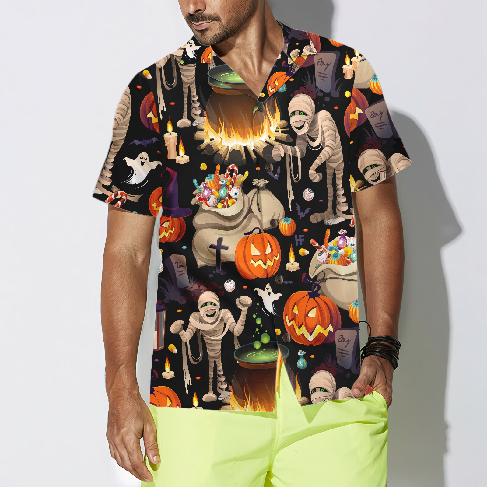 Halloween Mummy And Bags Of Sweets Hawaiian Shirt - Hyperfavor