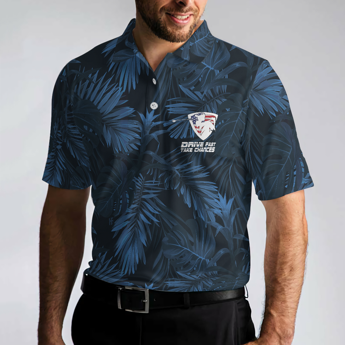 Black And Navy Blue Tropical Pattern Golf Player Polo Shirt, Golfing American Flag Polo Shirt, Best Golf Shirt For Men - Hyperfavor