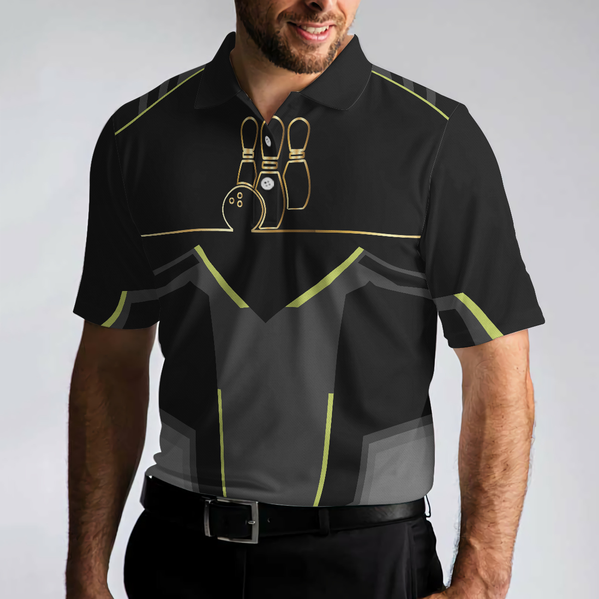 Strike Black And Golden Pattern Bowling Short Sleeve Polo Shirt, Digital Polo Shirt, Best Bowling Shirt For Men - Hyperfavor