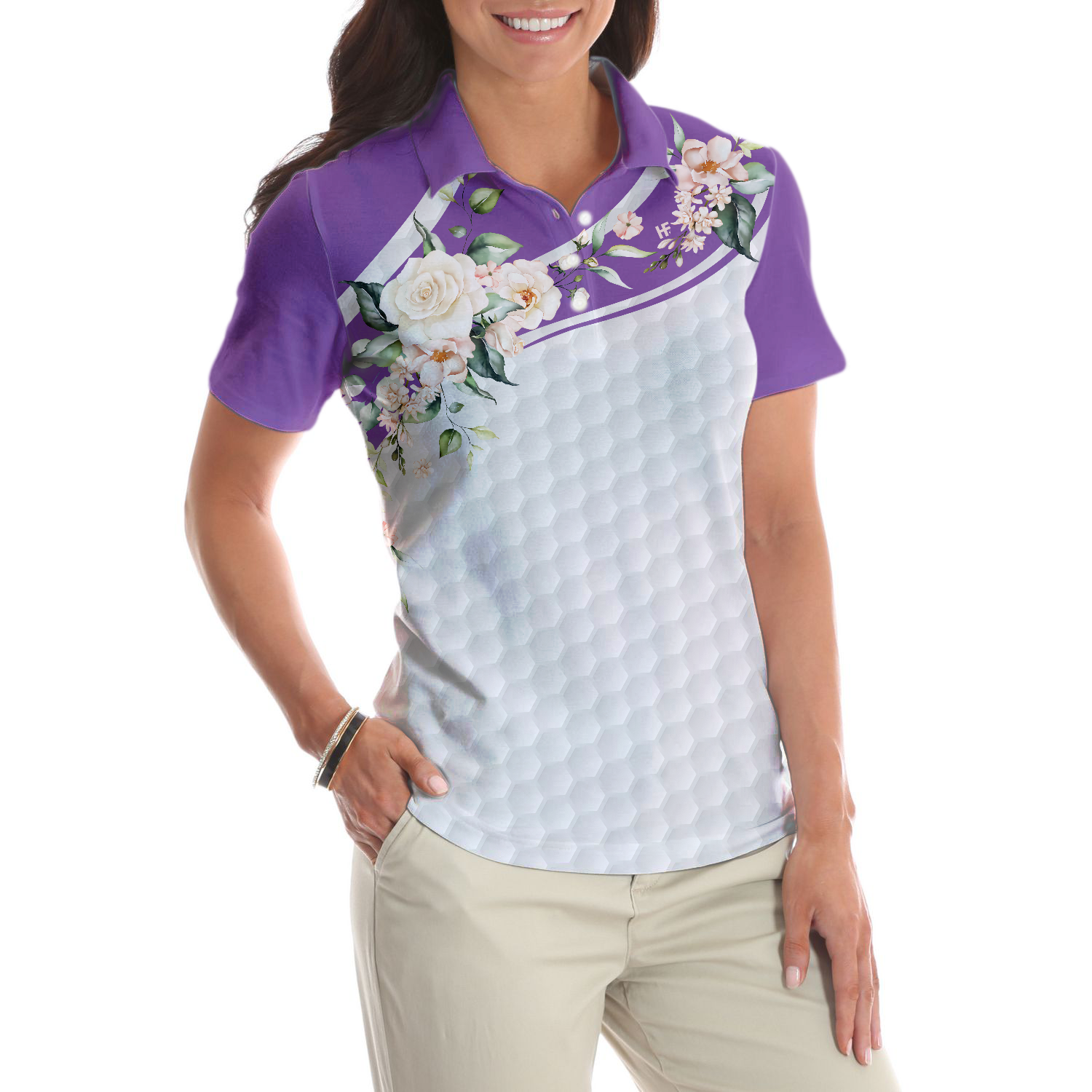 Golf Ball Texture With Roses Golf Short Sleeve Women Polo Shirt, Purple Golfing Polo Shirt For Ladies - Hyperfavor