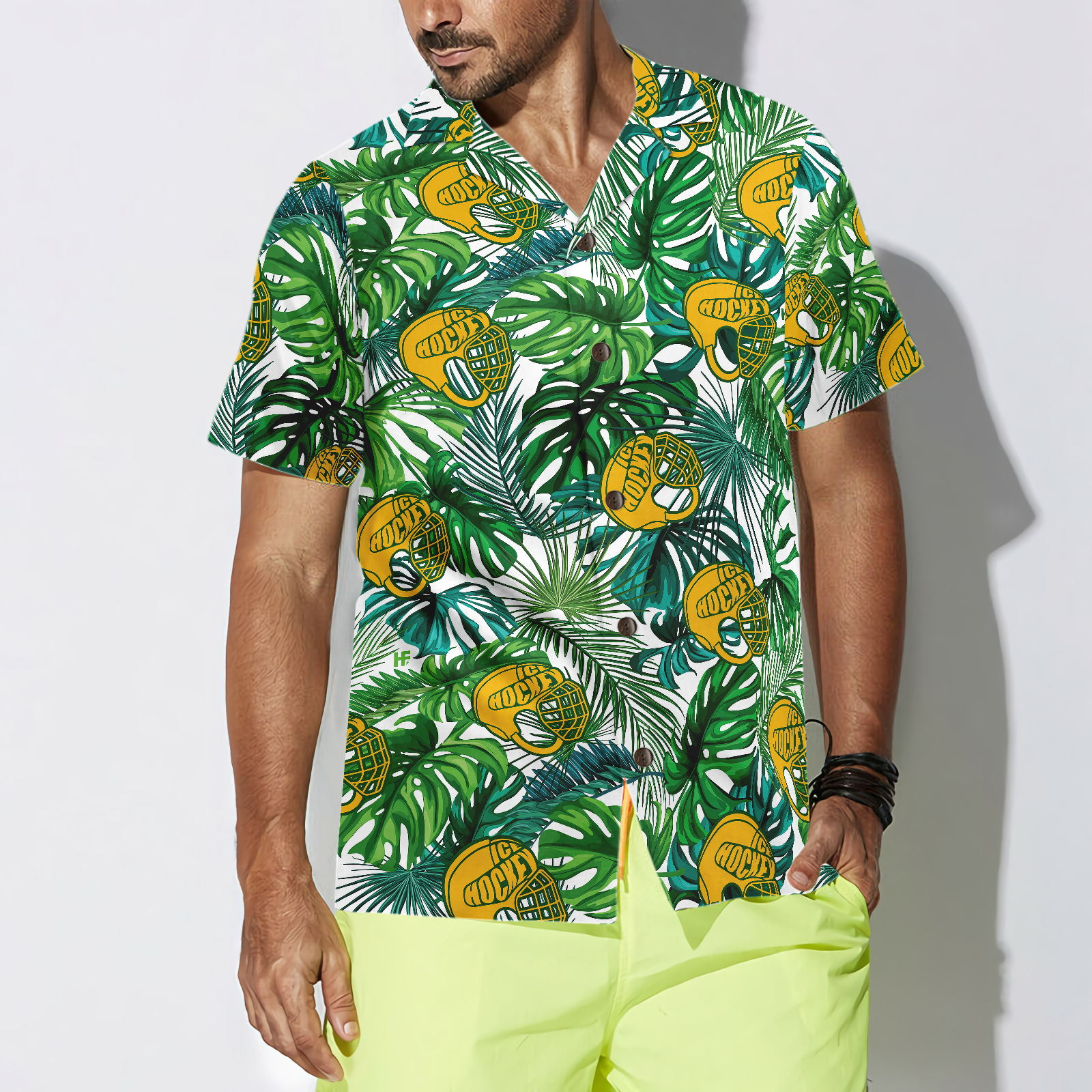 Tropical Ice Hockey Yellow Helmet Hawaiian Shirt - Hyperfavor