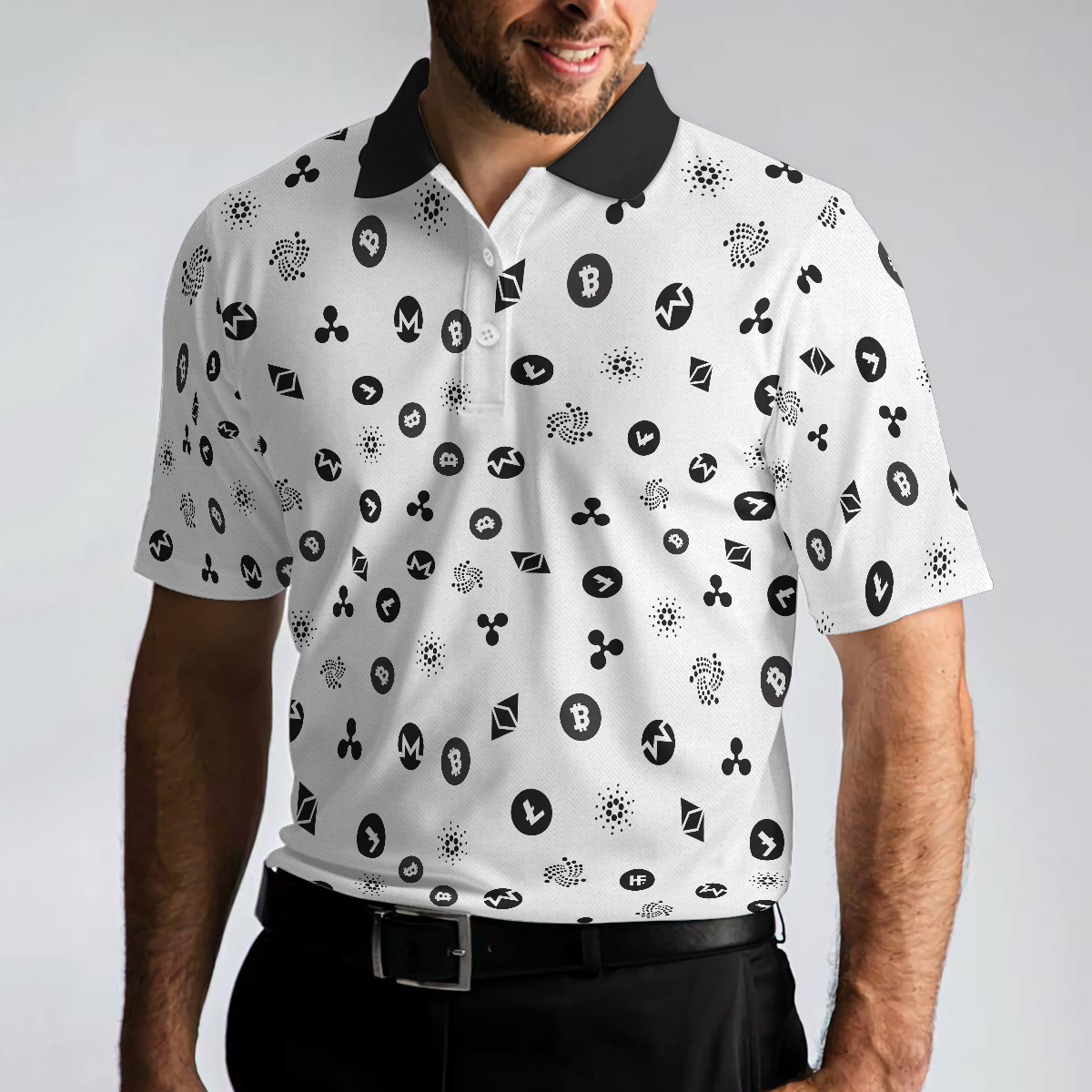 Cryptocurrency Pattern Polo Shirt, Black And White Bitcoin Polo Shirt, Best Cryptocurrency Shirt For Men - Hyperfavor