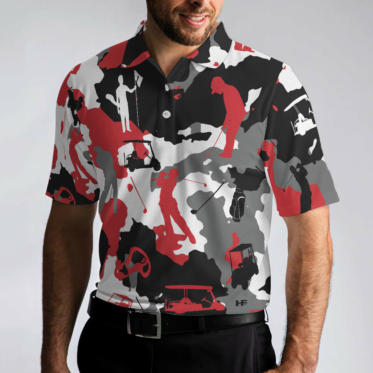 Red And White Camouflage Golf Short Sleeve Polo Shirt, Golfer Silhouette Polo Shirt, Camo Golf Shirt For Men - Hyperfavor