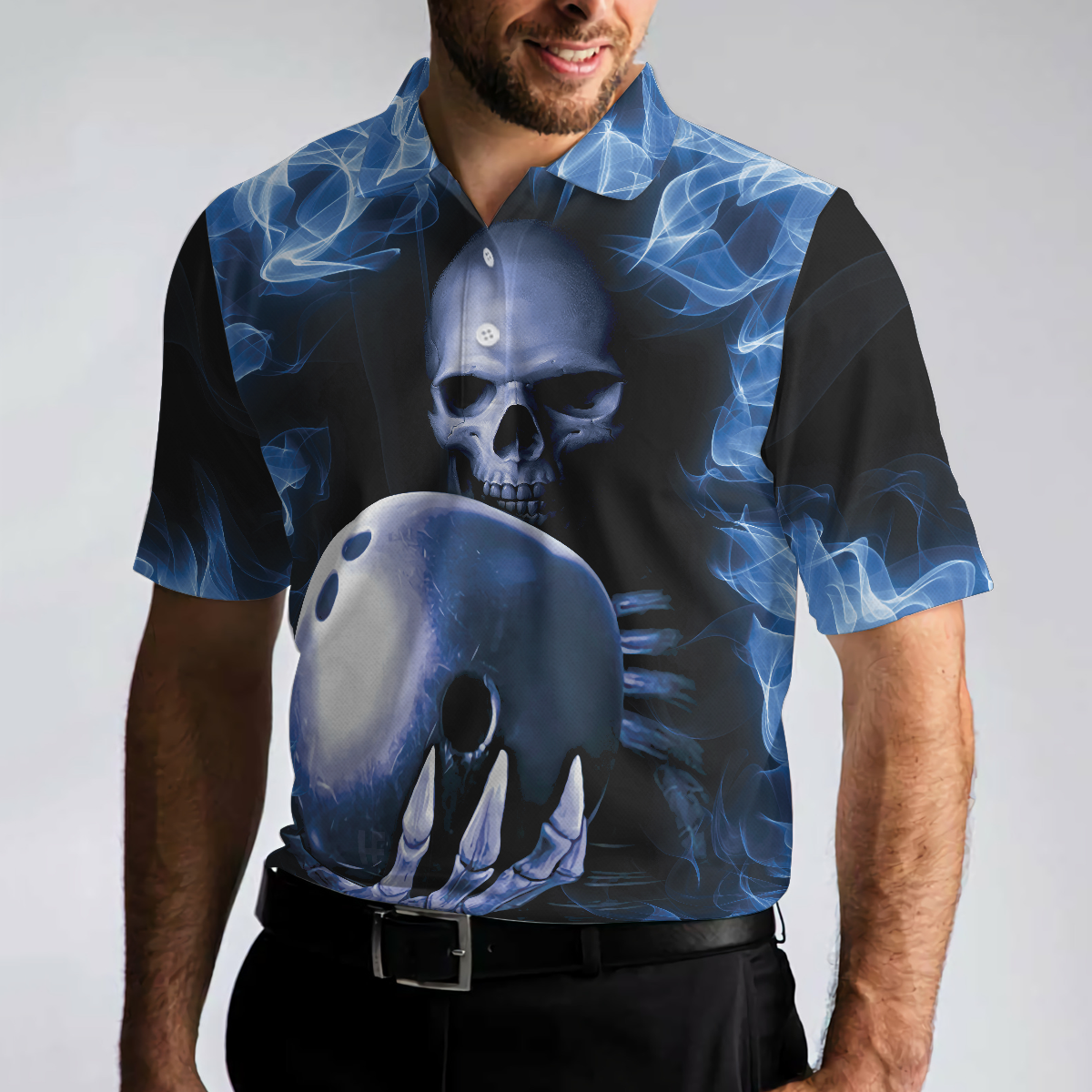 Bowling Murder Polo Shirt, Blue Flame Pattern Bowling Polo Shirt, Scary Skull Shirt Design For Halloween - Hyperfavor