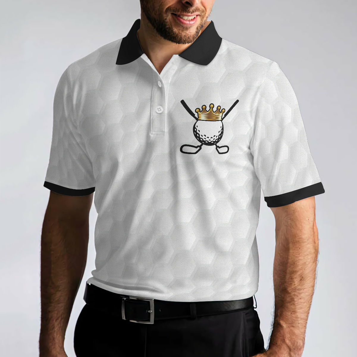 King Of Golf Black And White Polo Shirt For Men, Golf Texture Golfer On Throne Polo Shirt - Hyperfavor