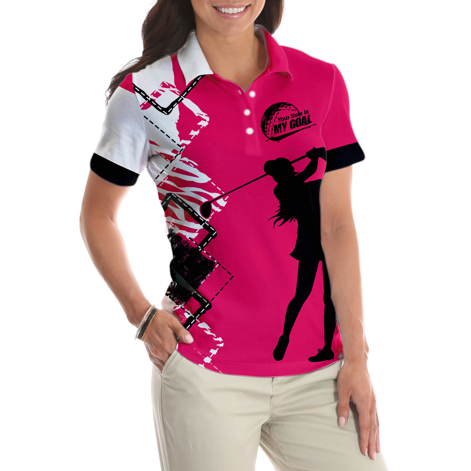 Your Hole Is My Goal Golf Short Sleeve Women Polo Shirt, White And Pink Golf Shirt For Ladies - Hyperfavor