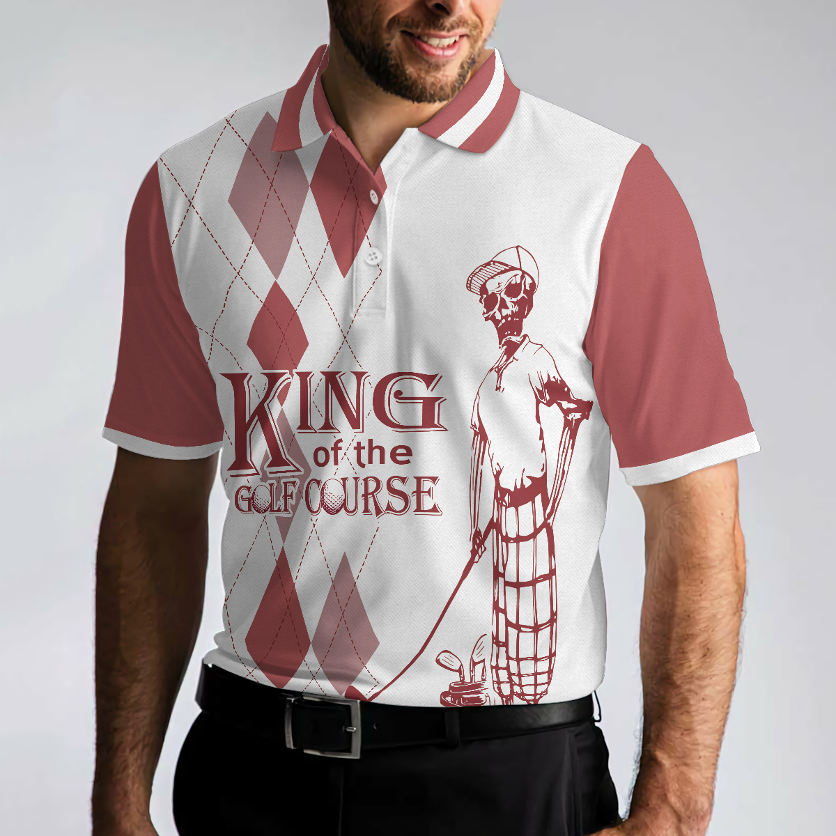 King Of The Golf Course Golf Polo Shirt, Red Argyle Pattern Skeleton Golfer Polo Shirt, Best Golf Shirt For Men - Hyperfavor