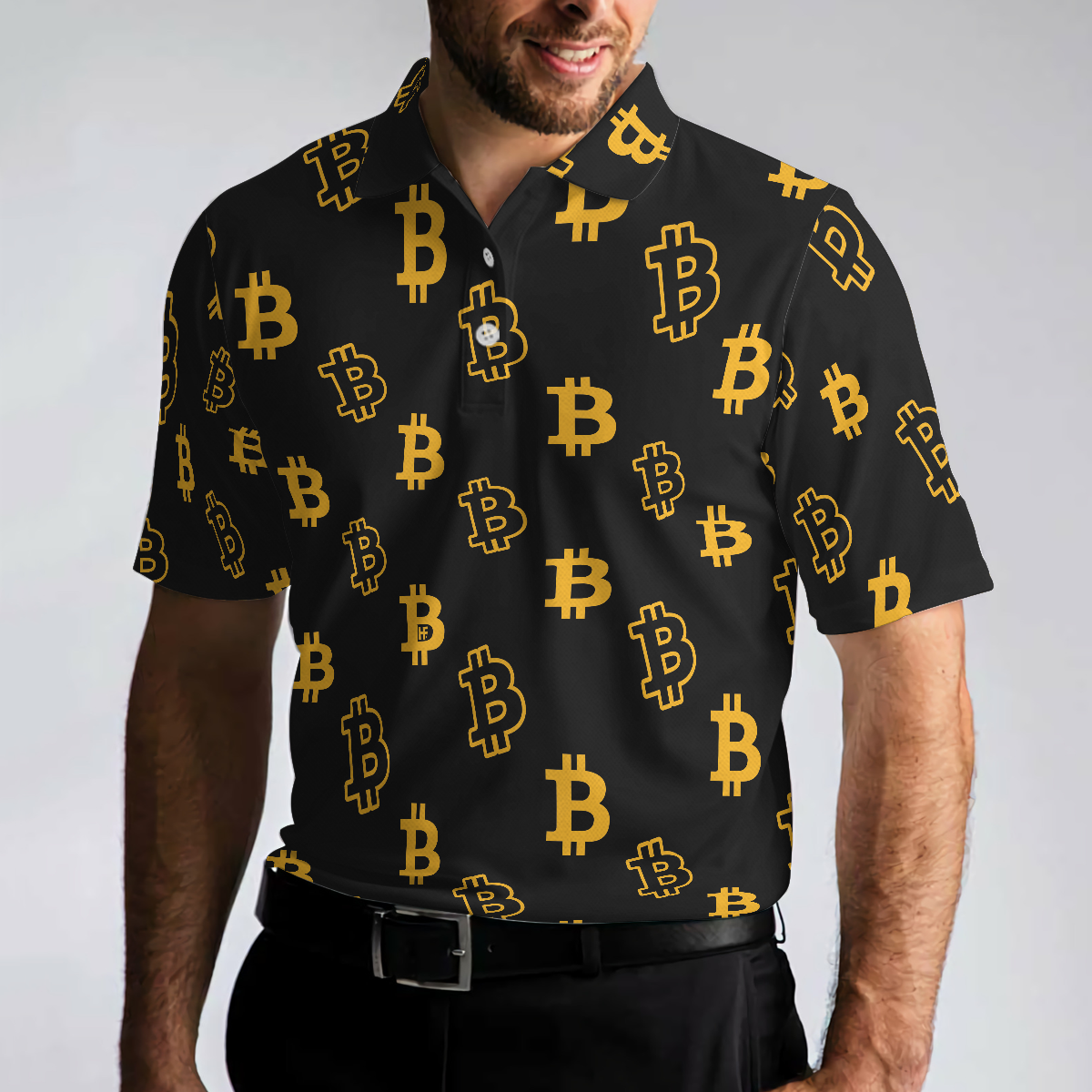 Seamless Pattern Bitcoin Polo Shirt, Luxury Black And Gold Polo Shirt, Best Cryptocurrency Shirt For Men - Hyperfavor