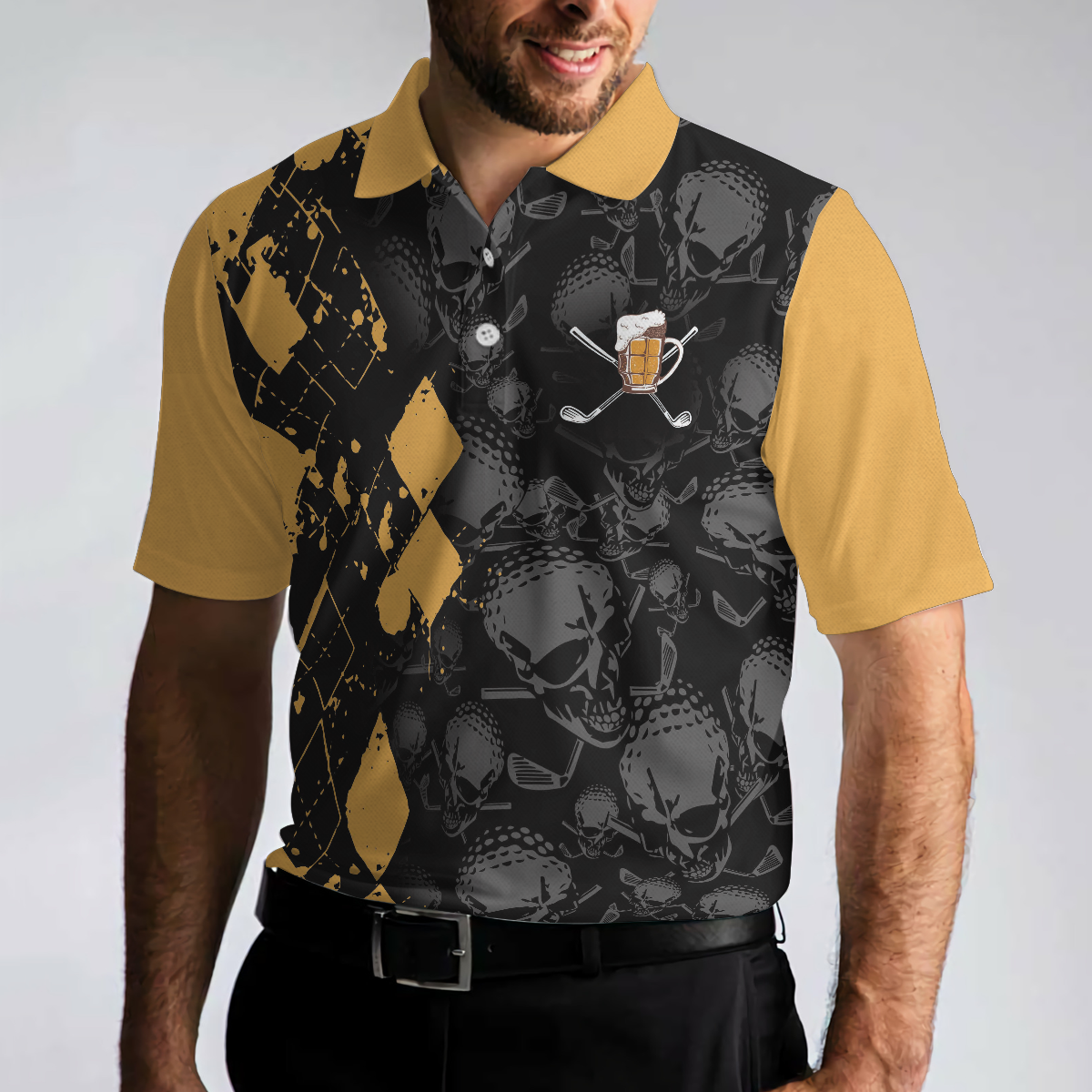 It Golf & Beer's Time Polo Shirt, Skull Pattern Golf Drinking Polo Shirt, Best Beer Golf Polo Shirt - Hyperfavor