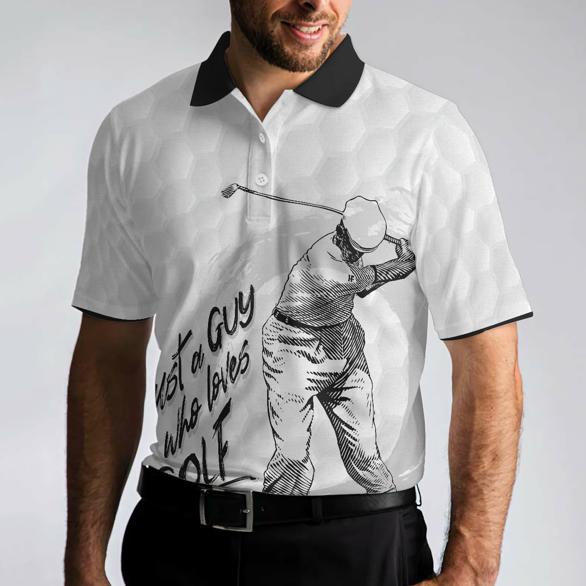 Just A Guy Who Loves Golf Polo Shirt, Black And White Golfing Shirt For Male, Basic Golf Shirt Design - Hyperfavor