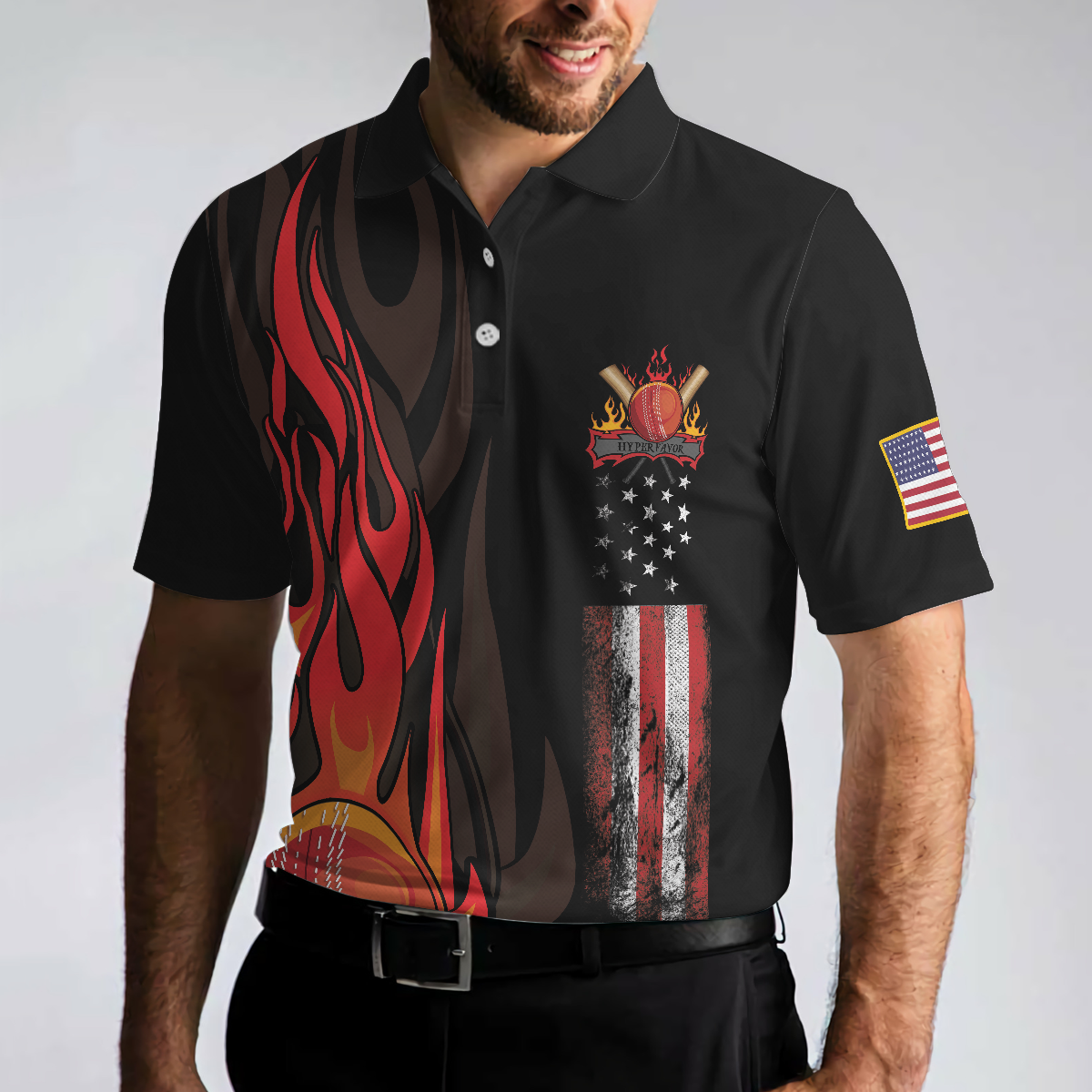 Cricket Flame Short Sleeve Black Polo Shirt For Golf, American Flag Polo Shirt, Best Cricket Shirt For Men - Hyperfavor