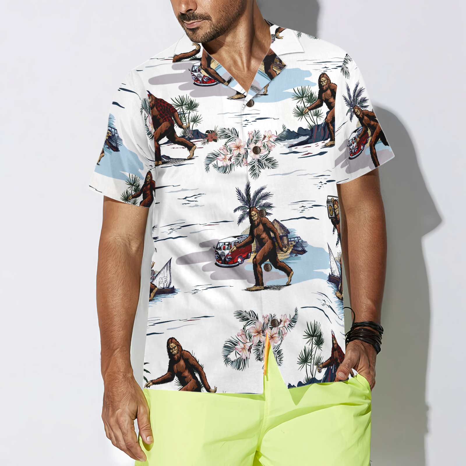 Bigfoots Are Ready For Summer Bigfoot Hawaiian Shirt, White Tropical Floral Bus Trip Bigfoot Shirt For Men - Hyperfavor